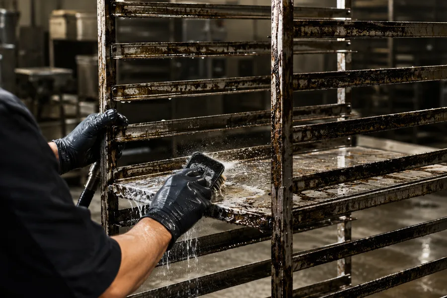 Bäckerei-Fachangestellter bei der intensiven und mühsamen Reinigung eines verschmutzten Stikkenwagens